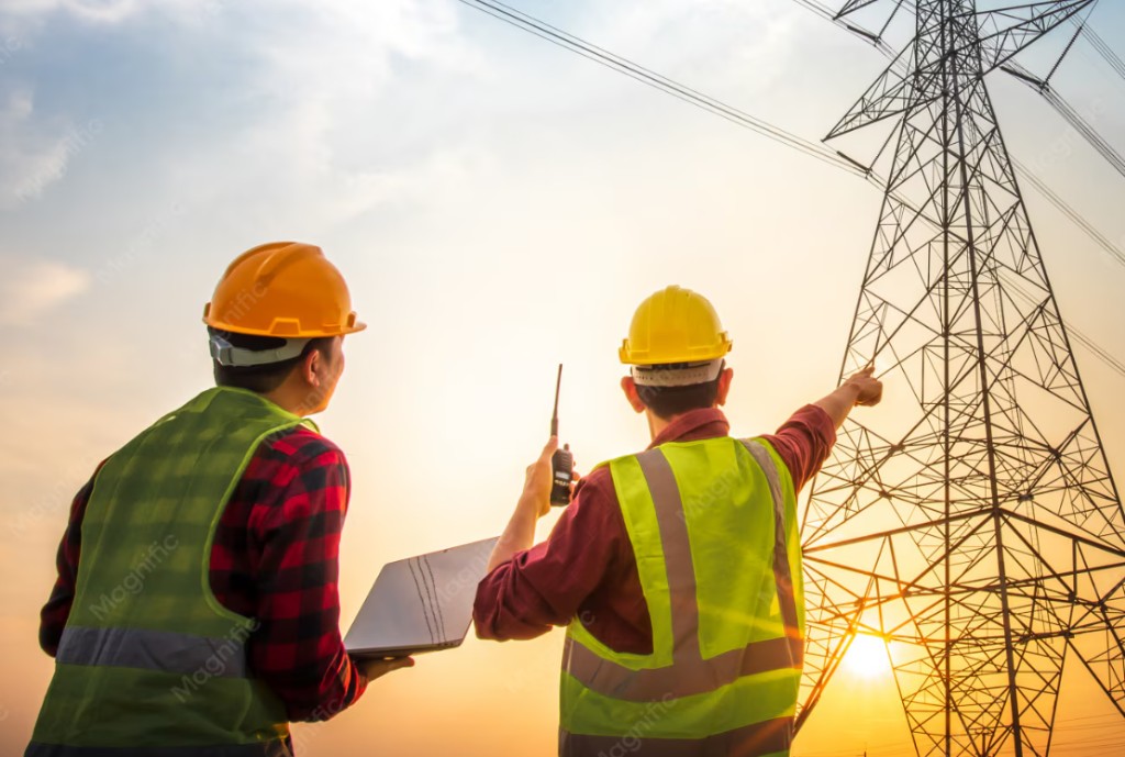Electricity team working near transmission lines