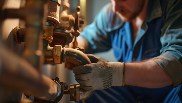 Plumber working on pipe system and fittings